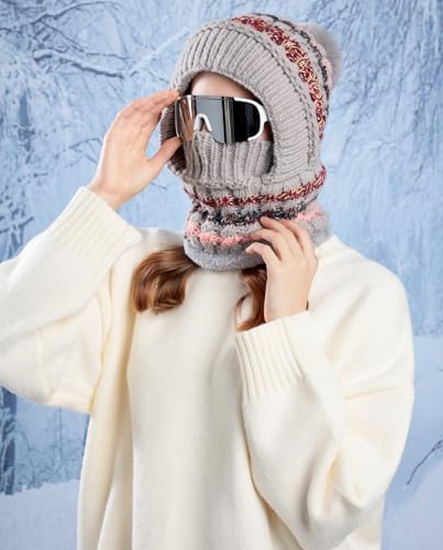 HUAMULAN Women Winter Knit Beanie Hats One Piece Fleece Lined Balaclavas - color: Gray + Colorful Stripe