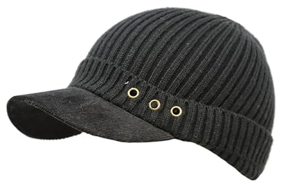 Stretch Knit Brim Beanie Hat for Men & Women – Warm Winter Cap with Visor, Soft Ribbed Cotton Acrylic Blend - color: Black