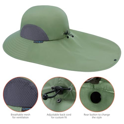 UPF 50+ Foldable Sun Hats Wide Brim with Large Neck Flap for Men Women UV Protection Gardening Fishing Beach Hat - color: Opaline Green