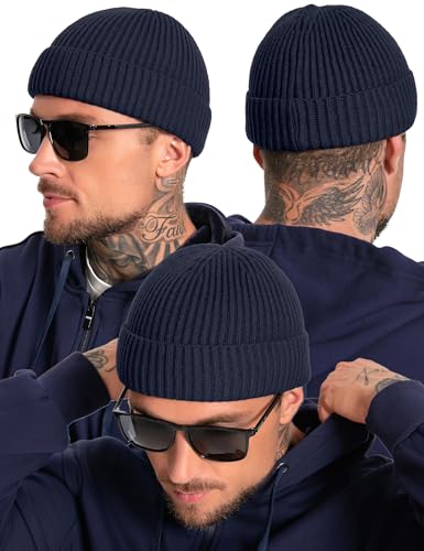 Fleece Lined Wool Short Fisherman Beanie Men Women Cuff Winter Hat - color: 1pc-navy Blue