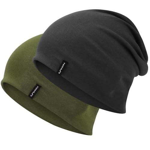 HAMUNI Slouchy Beanie for Women Men Soft Cotton Chemo Hats Double-Layer Warm Beanie Cap for Daily Wear & Transitional Seasons - color: Black+green