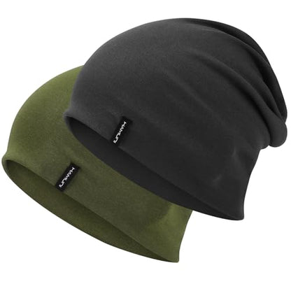 HAMUNI Slouchy Beanie for Women Men Soft Cotton Chemo Hats Double-Layer Warm Beanie Cap for Daily Wear & Transitional Seasons - color: Black+green