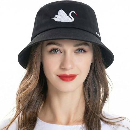 ZLYC Cotton Bucket Hat for Women Men Embroidered Packable Summer Sun Cap - color: Swan Black