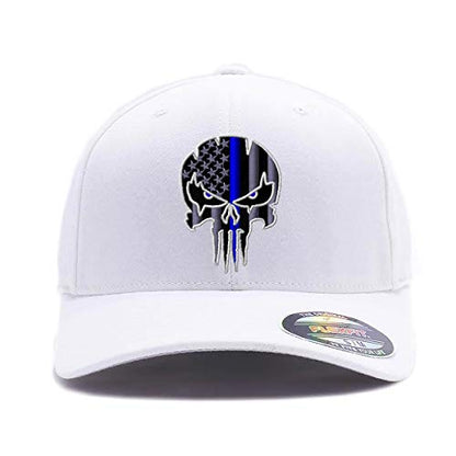 G&B Red Thin Red/Blue Line Spartan Helmet & Distressed Skull Flex Baseball Cap. Embroidered. 6277/6477 Flex Baseball Hat - color: White 2, size: Small-Medium