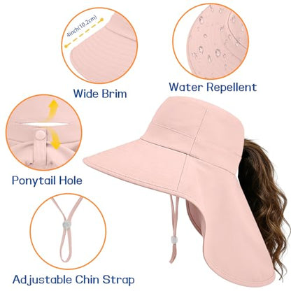 Ruqizhi Sun Hats for Women with Neck Flap Ponytail Hole Women Sun Hats Rollable UV Protection Fishing Hats Wide Brim UPF 50+ - color: Pink