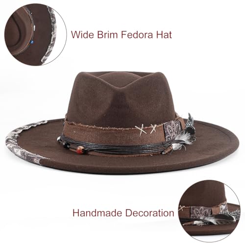 Big Brim Fedora Mens Women Boho Hat Handmade Dress Up Hats - color: Brown