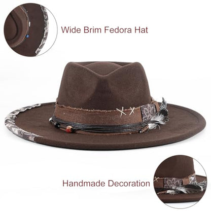 Big Brim Fedora Mens Women Boho Hat Handmade Dress Up Hats - color: Brown