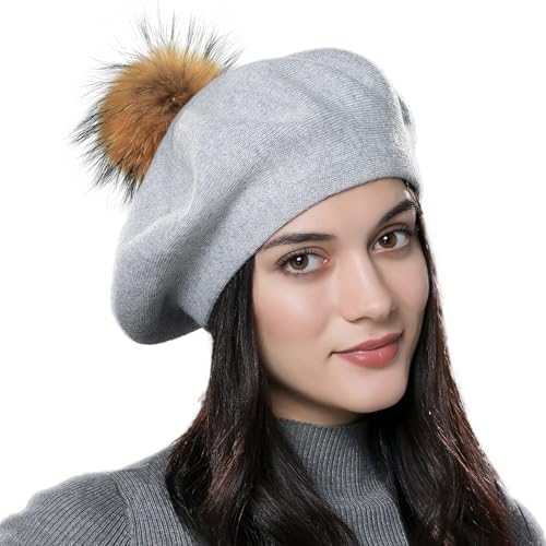 Womens Winter Beret Hat Knitted Beanie Cap Autumn Winter Hat French Classic Beret - color: Light Grey+brown Pompom