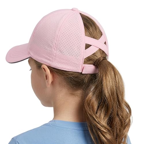 Girls Criss Cross Ponytail Hat Mesh Baseball Cap Kids Quick Dry Ponycap Hats Outdoor Summer Sports Hat Age 7-12 - color: Pink