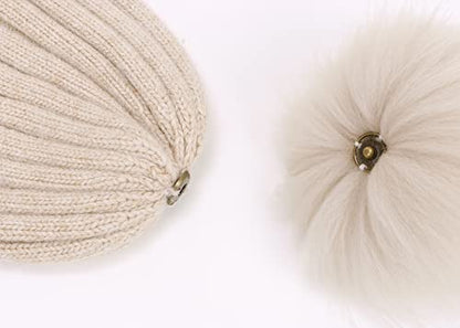Women's Winter Ribbed Cuffed Beanie Skull Cap with Genuine Raccoon Fur Pom - color: Pink Beige