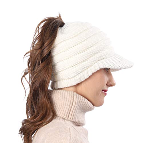 Women's BeanieTail Warm Knit Hat Messy High Bun Ponytail Visor Beanie Cap - color: B324-white, size: Medium