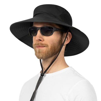 SUN CUBE Wide Brim Sun Hat for Men & Women, UPF 50+ UV Protection, Mesh Boonie Hat with Chin Strap, Fishing Hiking Hat - color: Black