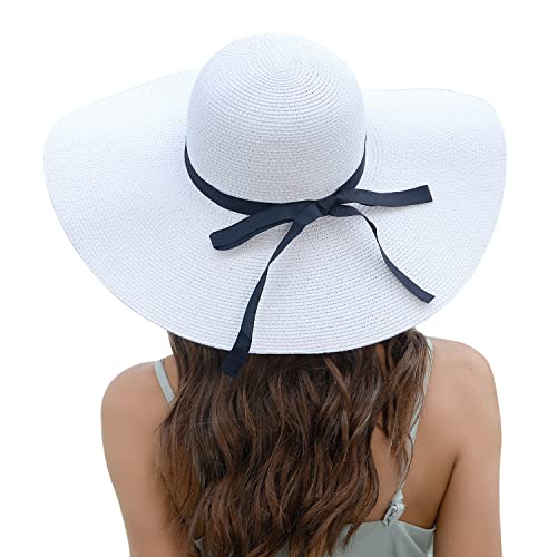 Women Wide Brim Sun Hat UPF50 Straw Summer Hat Floppy Beach Hat Roll-Up - color: Tie White