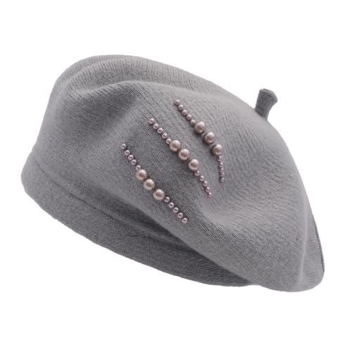 ZLYC Women French Beret Hat Winter Knitted Stretchable Beret Artist Cap - color: Side Pearls Gray