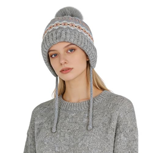 TINAYAUE Women Winter Beanie Hat Retro Jacquard Knit Warm Fleece Lined Ski Snow Cap Slouchy Earflap Pompom Hat with Strings - color: Grey