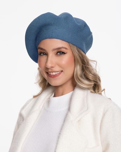 Women's Knitted Beret, French Style Double Layer Winter Autumn Warm and Soft Beanie Hat Cap - color: Denim Blue