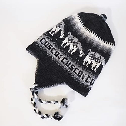 Alpaca Wool Blend Winter Hat Chullo Inca Peruvian Design Reversible with Earflaps. Beanie Medium Size. Unisex - color: Black/Dark Gray