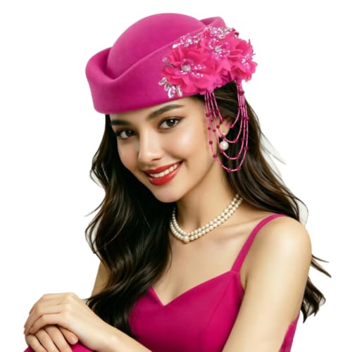 ORIDOOR Women's American and British Felt hat Church Derby Wedding Tea Party Crystal Flower Decoration Beret hat - color: 03-rose