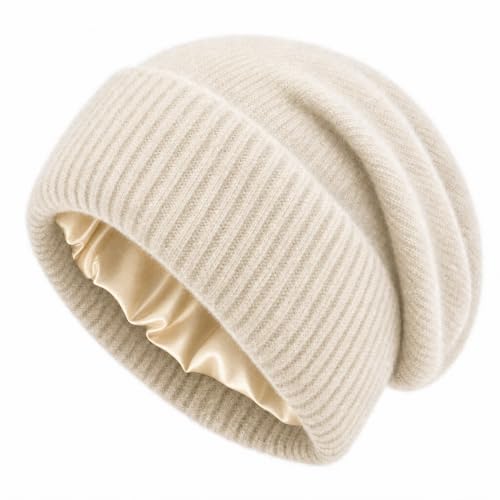 Facecozy Satin Lined Beanie for Women Soft Satin Lining Slouchy Winter Hats - color: Beige