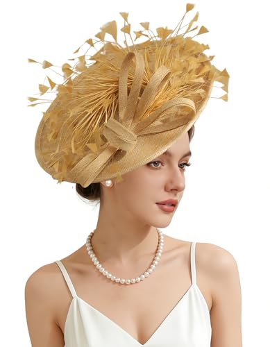 Unpifolov Fascinators Hats Elegant Women Flower Mesh Feathers Wedding Cocktail Bride Headband for Derby Hat Tea Party - color: Khaki