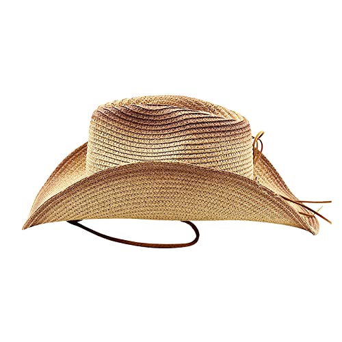 Cowboy Straw Hat Men Women Wide Brim Fedora Panama Bucket Hat UV Protection Vacation Cap Foldable Beach Western Cap - color: Beige-red