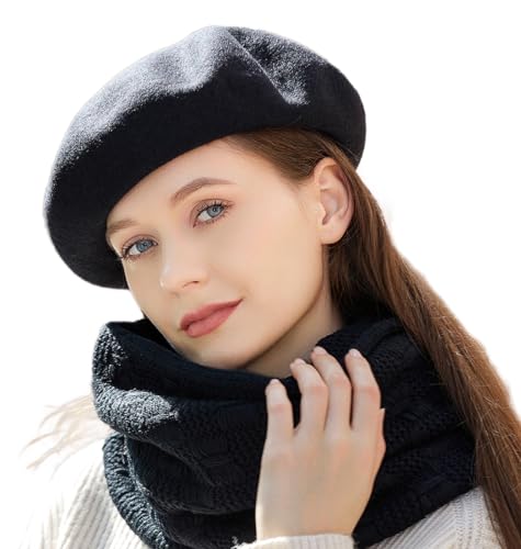 French Beret Hat for Women Solid Beanie Cap Stretchable Winter Warm Beret - color: Black