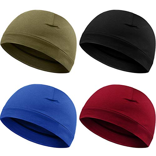 Syhood 4 Cotton Skull Caps for Men Women Sleep Night Hat Beanie - color: Green, Blue, Wine Red, Black