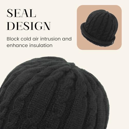 Winter Warm Beanie Hat for Women Men, Thick Cable Knit Cuffed Beanie - color: Black