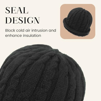 Winter Warm Beanie Hat for Women Men, Thick Cable Knit Cuffed Beanie - color: Black