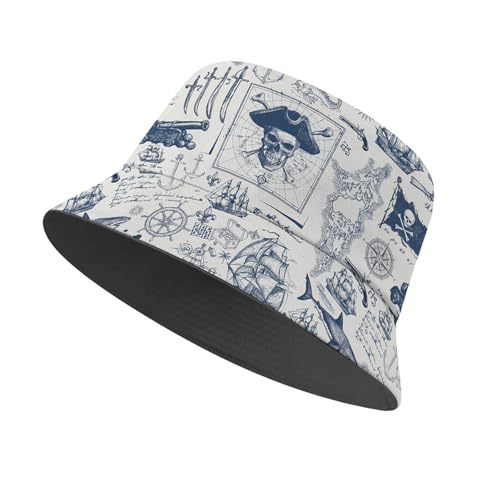 Amasnay Neon Bucket Hat Cotton Double-Side-Wear Reversible Sun Hat for Women Men, Summer Vacation Travel Beach Fisherman Hat - color: Blue Pirate