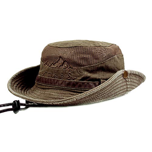 Sun Hat Men Cotton Embroidery Wide Brim Bucket Safari Boonie - color: Coffee Browm, size: 6 7/8-7 1/4