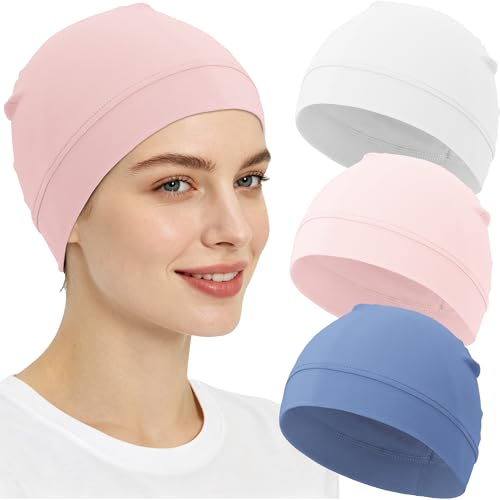 3-Pack 100% Cotton Skull Cap for Men Women Helmet Liner Caps - color: 3pcs-white,pink,light Blue