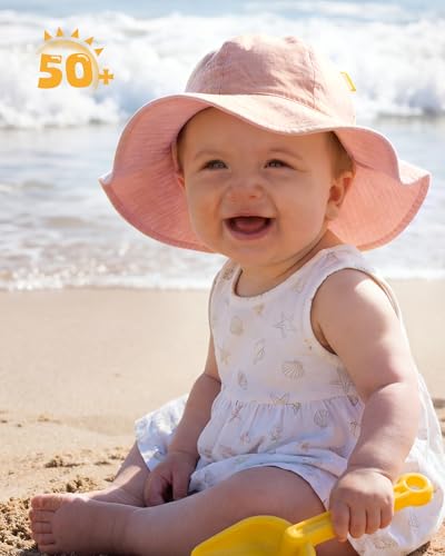 HONGTEYA Baby Sun Hat Muslin Wide Brim Toddler Girl Beach Bucket Hat - color: Pink/Cherry, size: 2-5T