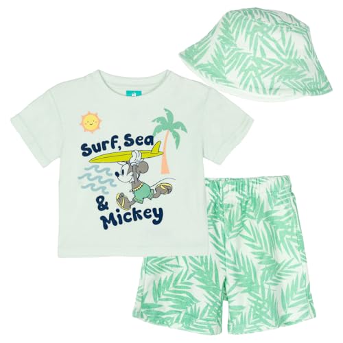 Disney Baby T-Shirt and Shorts Set with Bucket Hat Newborn to Infant - color: Soft Aqua Green, Mickey Mouse, size: 0-3 Months