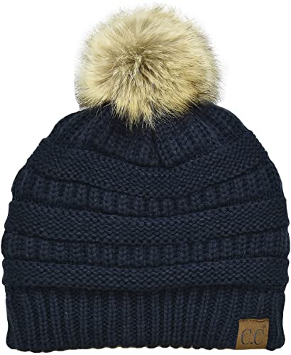 C.C Trendy Fuzzy Fleece Lined Warm Comfortable Soft Stretch Cable Knit Ribbed Faux Fur Pom Pom Beanie Hat - color: Navy Blue