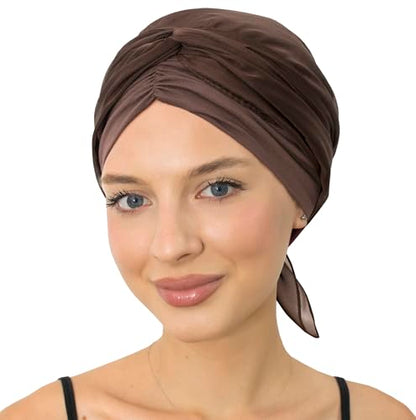 CAPLORD Chemo Headwrap for Women Turban Headwear for Cancer Patients Skull Cap Hair Loss Cover Lightweight Head Covering Hat - color: Brown Solid