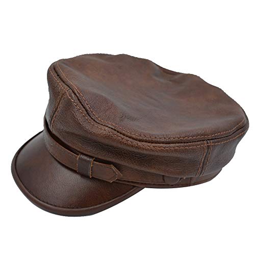 Adult Genuine Leather Fiddler Cap Flat Top Maciejówka Breton Style Mariner's Cap - color: Brown, size: Medium