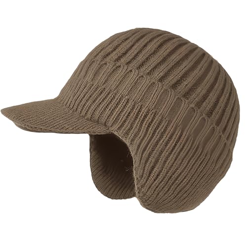 JHDESSLY Knit Beanies with Visor & Earflaps for Men and Women, Winter Hats Fleece Lined Hat Stocking Caps Soft Warm Headwear - color: Khaki