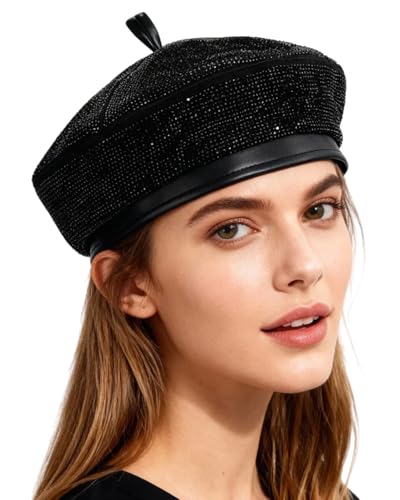 MINGSEECESS Women PU Leather French Black Beret Hat Causal Beanie Hat - color: Rhinestone-black