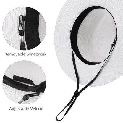 DRESHOW Women Straw Panama Hat Travel Fedora Beach Sun Hat Summer Wide Brim Straw Roll up Hat UPF 50+ - color: Z Panama Straw Hat: White With Black Band