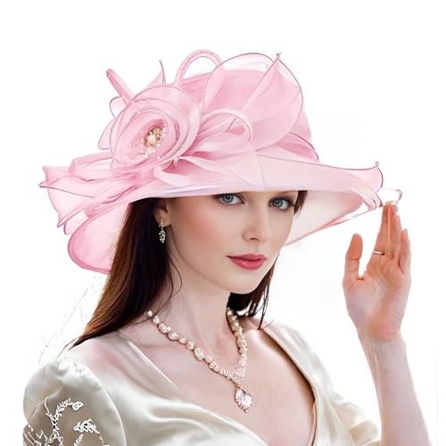 Derby Hats for Women 2026 Women's Elegant Organza Kentucky Fascinator for Church, Tea Party, Weddings Hats - color: F1-pink