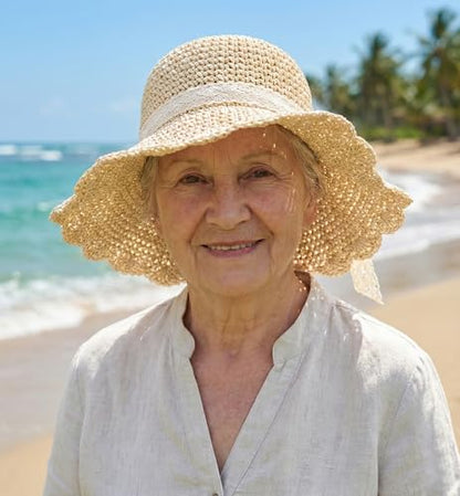 Summer Beach Sun Straw Hats for Women Wide Brim Packable Travel Bucket Hats UPF 50+ - color: Beige