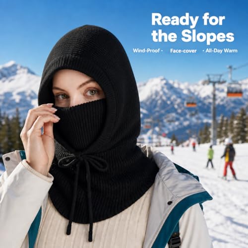 Knit Balaclava for Women Winter Hats Ski Mask Face Cover Neck Warmer - color: B-black