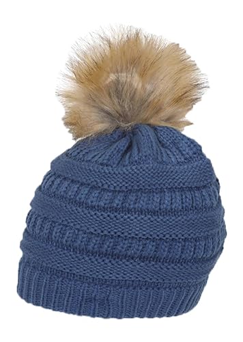 Gravity Threads Cable Knit Faux Fur Pom Pom Beanie Hat - color: Dark Denim