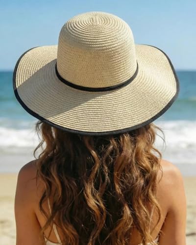 Sun Hats for Women, Summer Wide Brim Straw Beach Hat - color: Beige Black, size: X-Large
