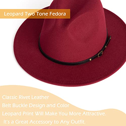 Women Two Tone Wide Brim Fedora Felt Panama Hat - color: Burgundy/Leopard