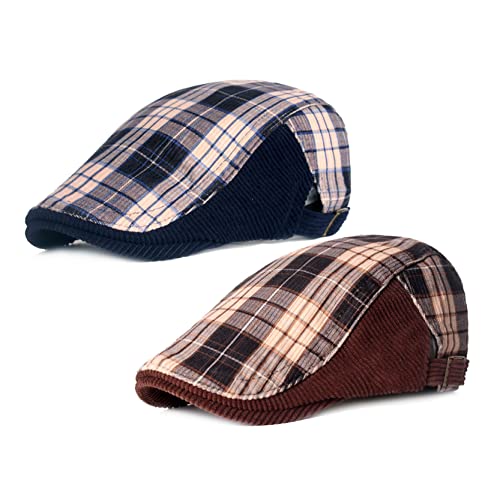 2 Pack Men's Plaid Cotton Flat Newsboy Ivy Cabbie Golf Gatsby Cap Hat - color: 680nc