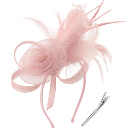 DRESHOW Fascinators Hats for Women Tulle Feather Tea Party Fascinator Hats - color: Nude Pink