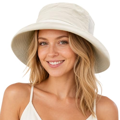 TOP-EX ChicPony Women's Wide Brim Bucket Sun Hat with Ponytail Hole UPF 50 Summer Packable Sunhat for Travel Beach Outdoor - color: Cream Beige, size: Medium