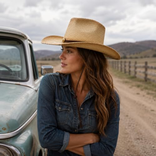 Straw Cowboy Hat for Men Women, Woven Western Summer Hat Natural - color: Beige